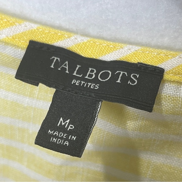 Talbots 100% Linen Yellow White Stripe Embroidered Beaded V-Neck Blouse Petite - Picture 4 of 6